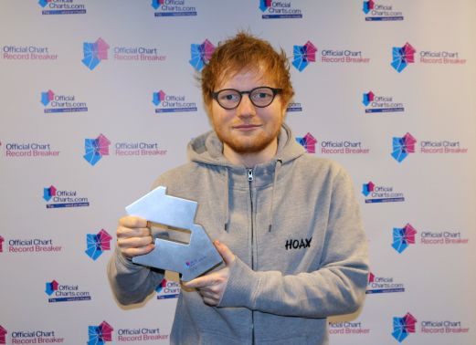 Ed Sheeran with his Number 1 Award from the Official Charts Company for Shape Of You. [CREDIT: OfficialCharts.com]